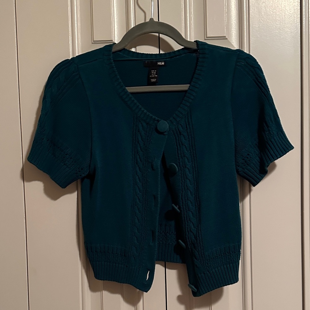 H&M Teal Blue Short Sleeve Button Front Cardigan